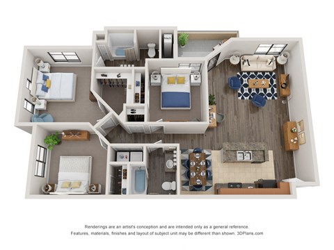 Floor plan for 3 beds, 2 baths, 1333 sqft